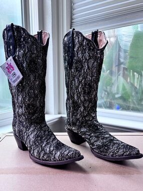 Tanner Mark Cowboy Cowgirl Boots Black Gold Lace Glitter NWT 9.5